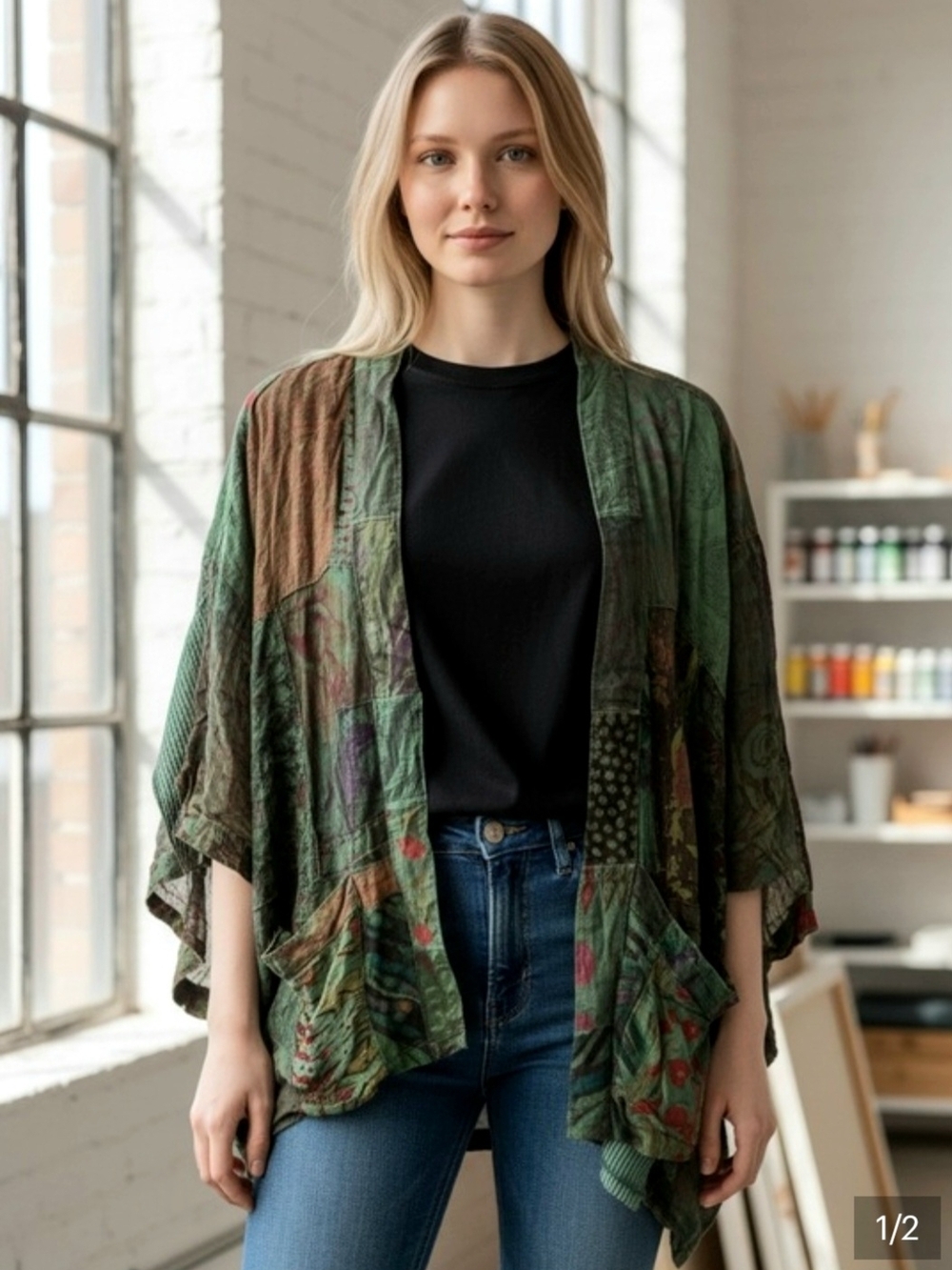 Young Threads Boho Green Patchwork Open-Front Women's Kimono Shrug